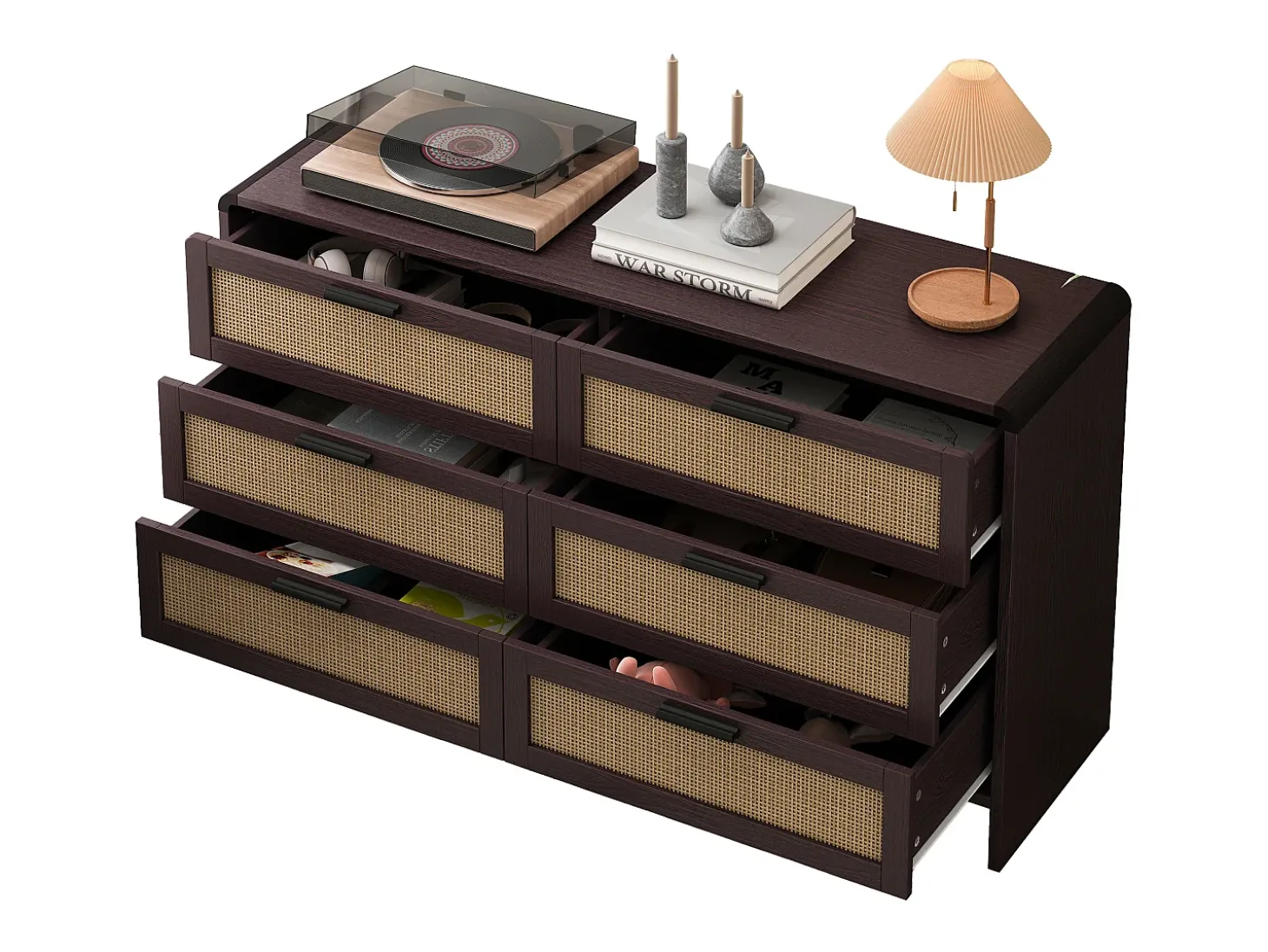 Mueble esquinero de ratán con 6 cajones, madera maciza, color marrón rojizo (130 x 40 x 74 cm)