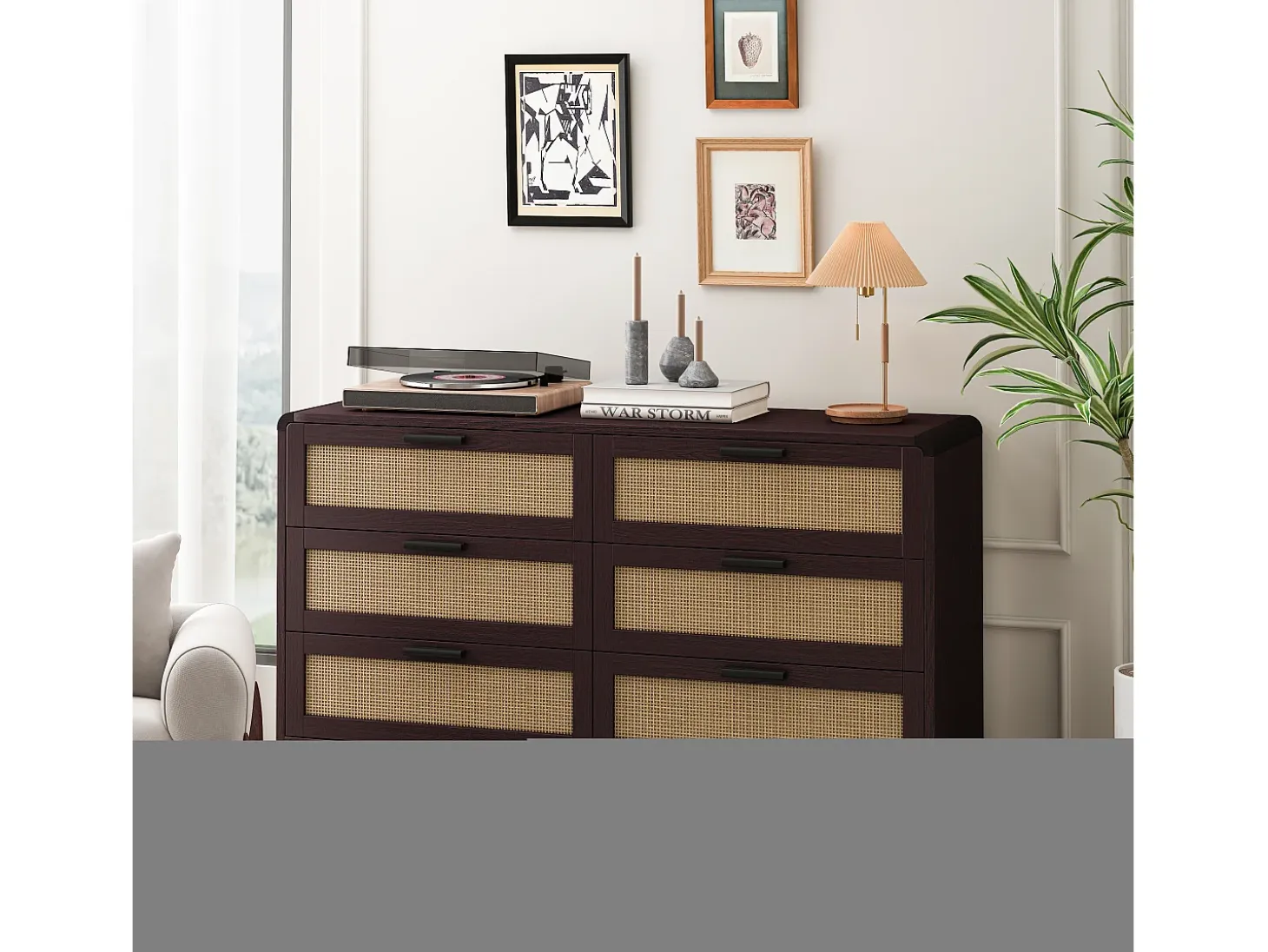 Mueble esquinero de ratán con 6 cajones, madera maciza, color marrón rojizo (130 x 40 x 74 cm)
