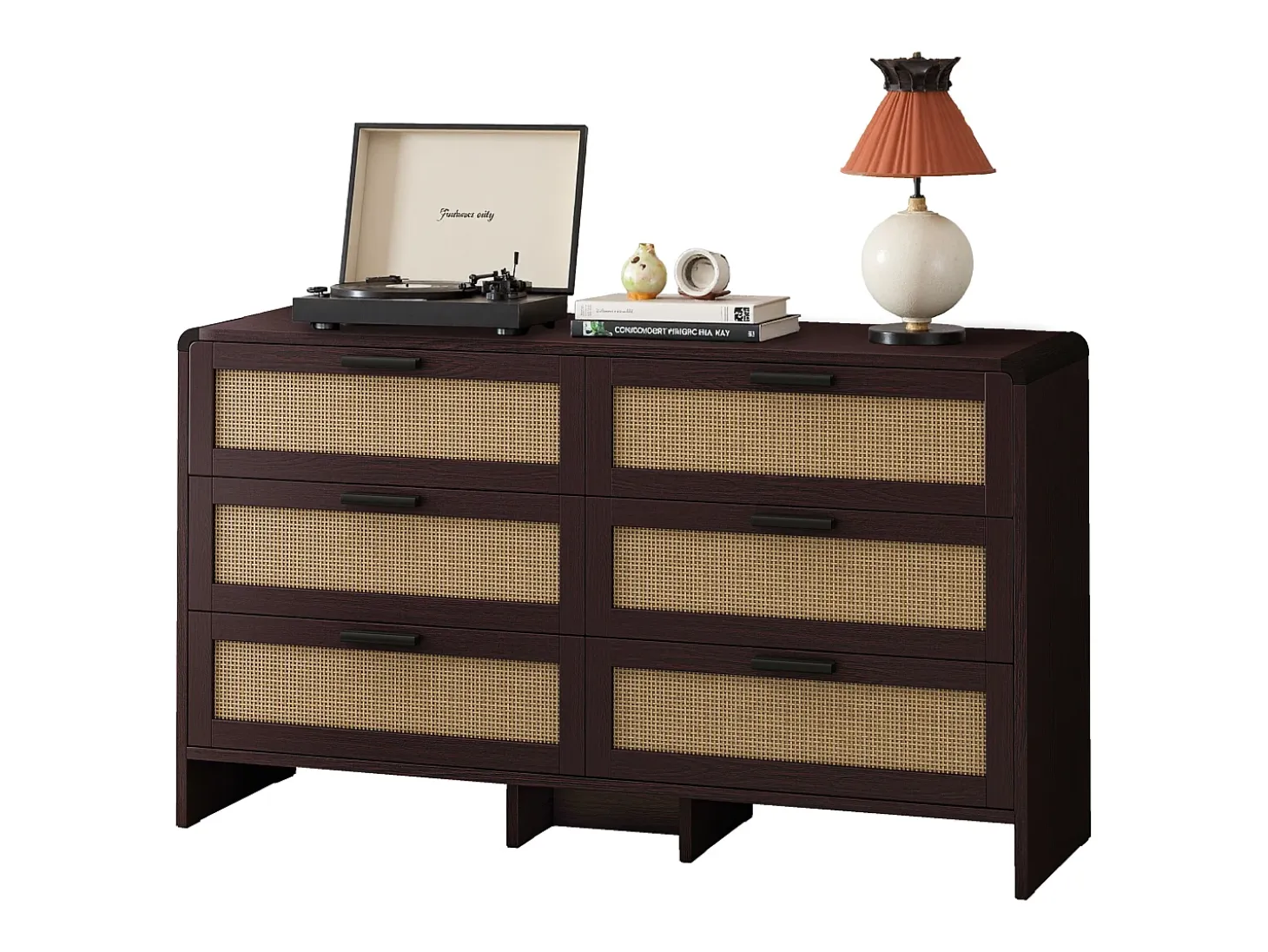 Mueble esquinero de ratán con 6 cajones, madera maciza, color marrón rojizo (130 x 40 x 74 cm)