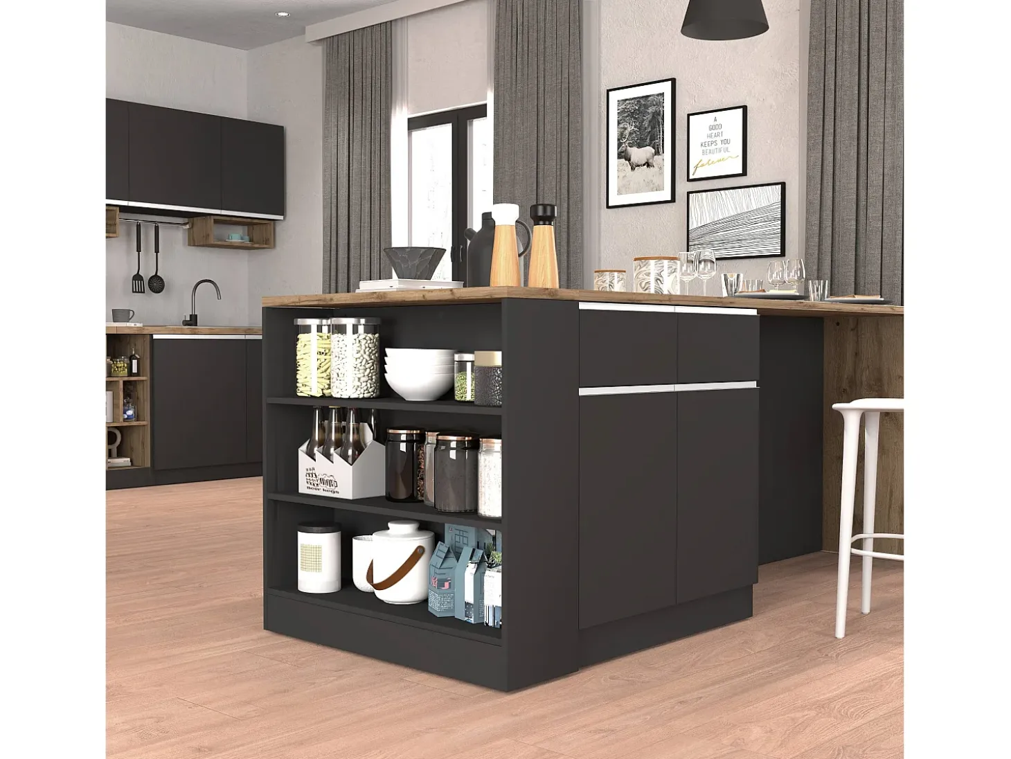Mueble estantería de cocina Sole con 3 estantes en color antracita mate y roble 90x90x25 cm