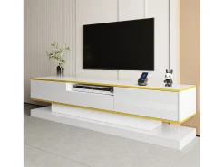 Mueble moderno para TV - 180 x 38 x 45 cm - con 3 cajones - Acabado brillante + LED - Aglomerado - Blanco