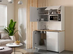 Mueble multifunción - Con encimera de 120 cm - Blanco y natural - CARMEO