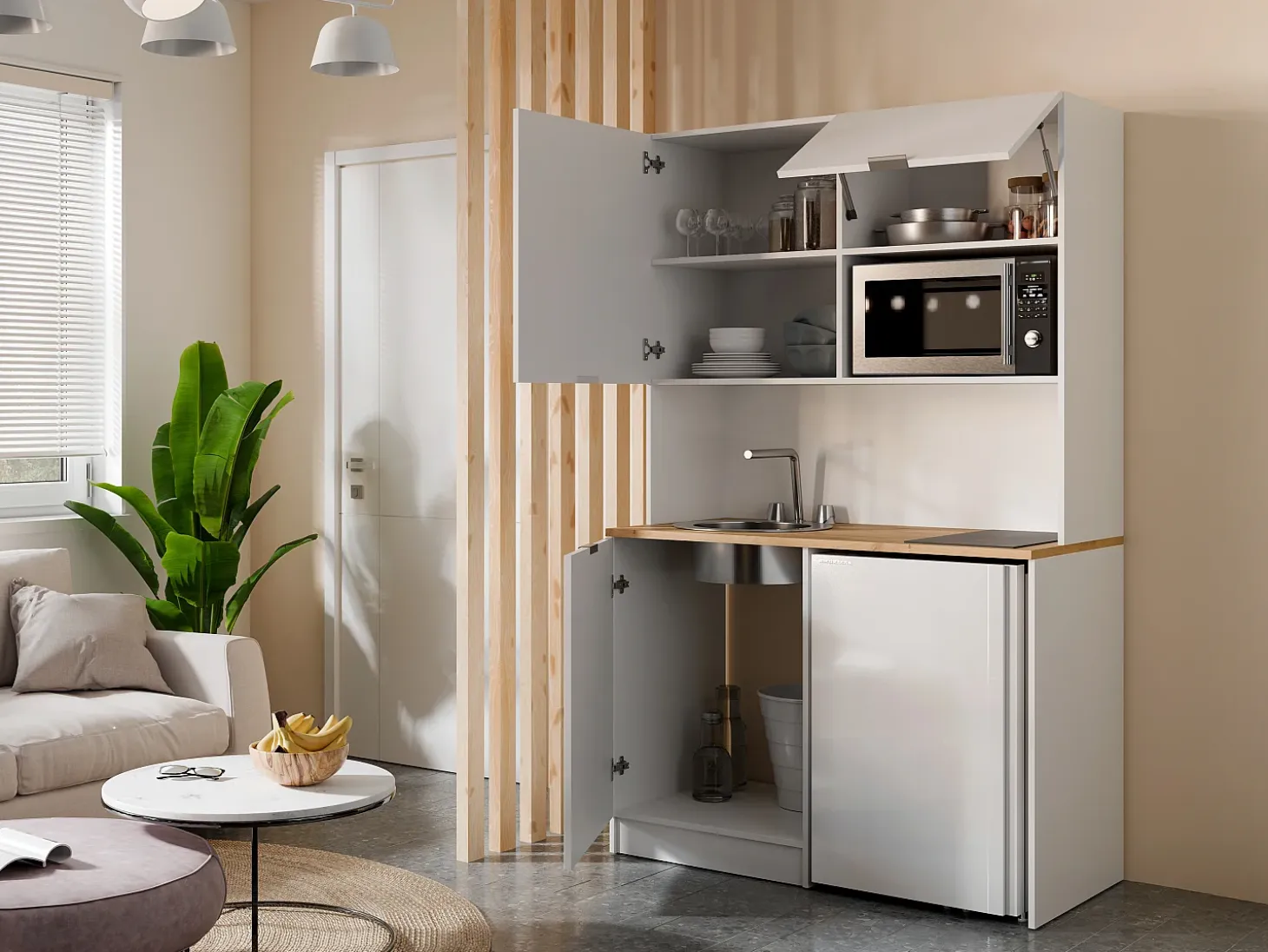 Mueble multifunción - Con encimera de 120 cm - Blanco y natural - CARMEO