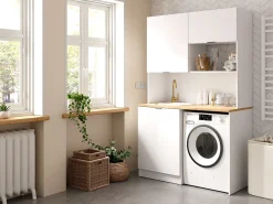 Mueble multifunción - Con encimera de 120 cm - Blanco y natural - CARMEO