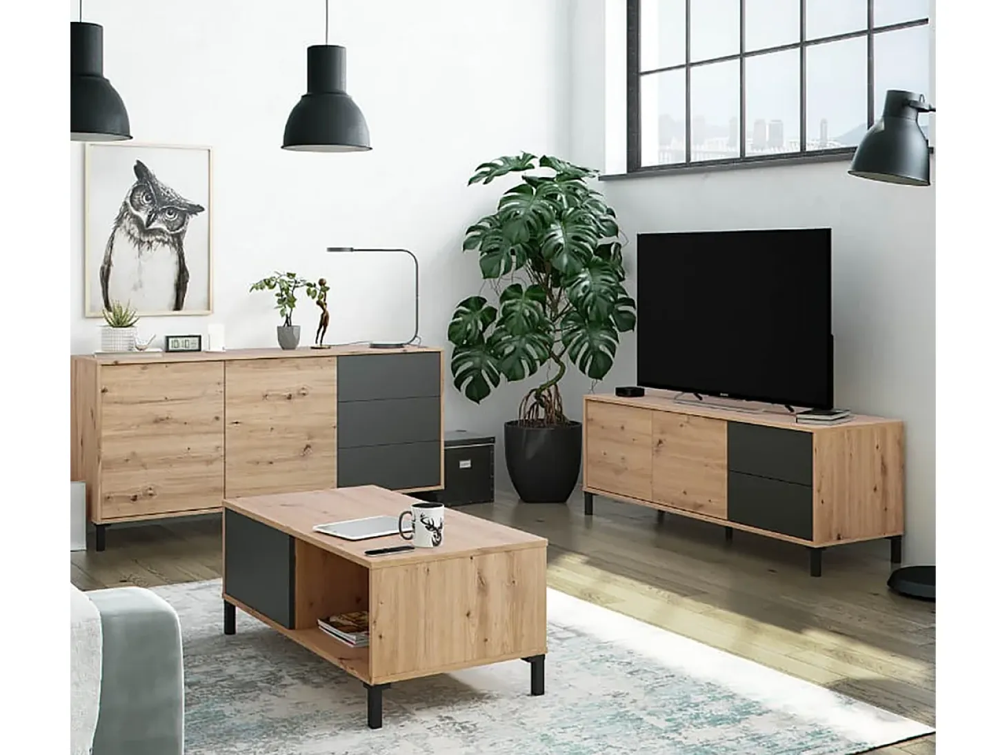 Mueble TV en melamina Color Roble y Gris Antracita - Altura 47 x Longitud 130 x Profundidad 41 cm