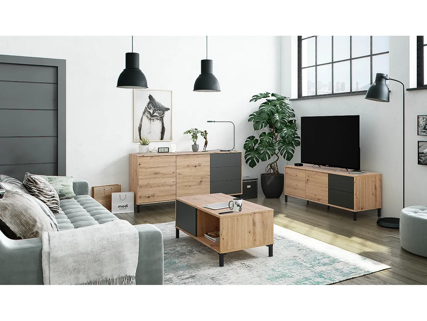Mueble TV en melamina Color Roble y Gris Antracita - Altura 47 x Longitud 130 x Profundidad 41 cm
