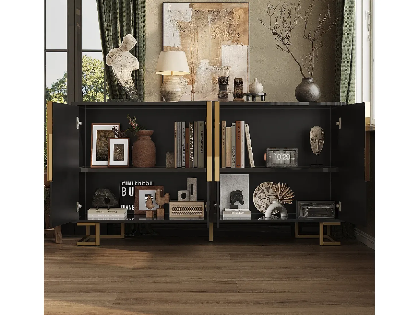 Mueble TV geométrico, diseño moderno, MDF, negro y dorado, con 2 puertas y 4 compartimentos (152x40x75 cm)