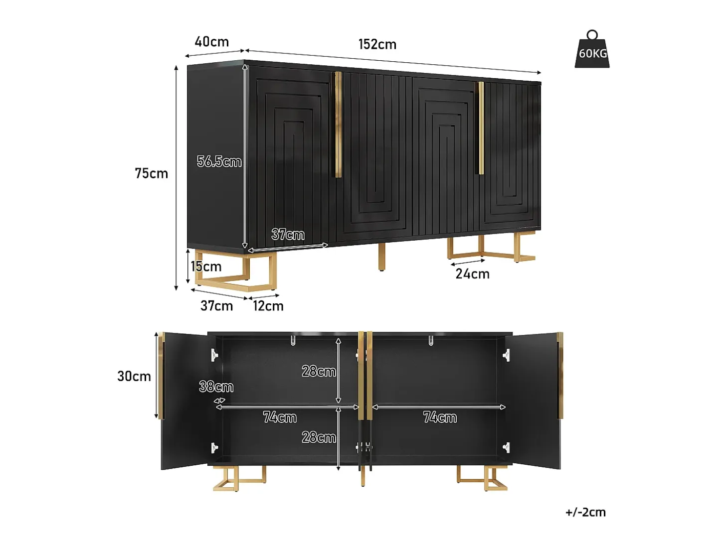Mueble TV geométrico, diseño moderno, MDF, negro y dorado, con 2 puertas y 4 compartimentos (152x40x75 cm)
