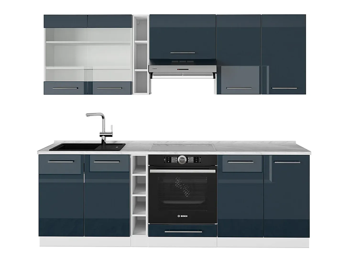 Muebles de cocina azul oscuro alto brillo/blanco 235x46x81.6 fame-line