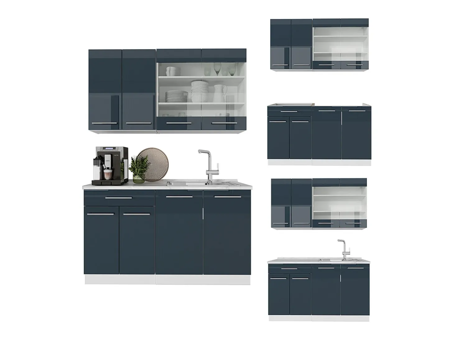 Muebles de cocina azul oscuro alto brillo/blanco 140x60x81.6 fame-line
