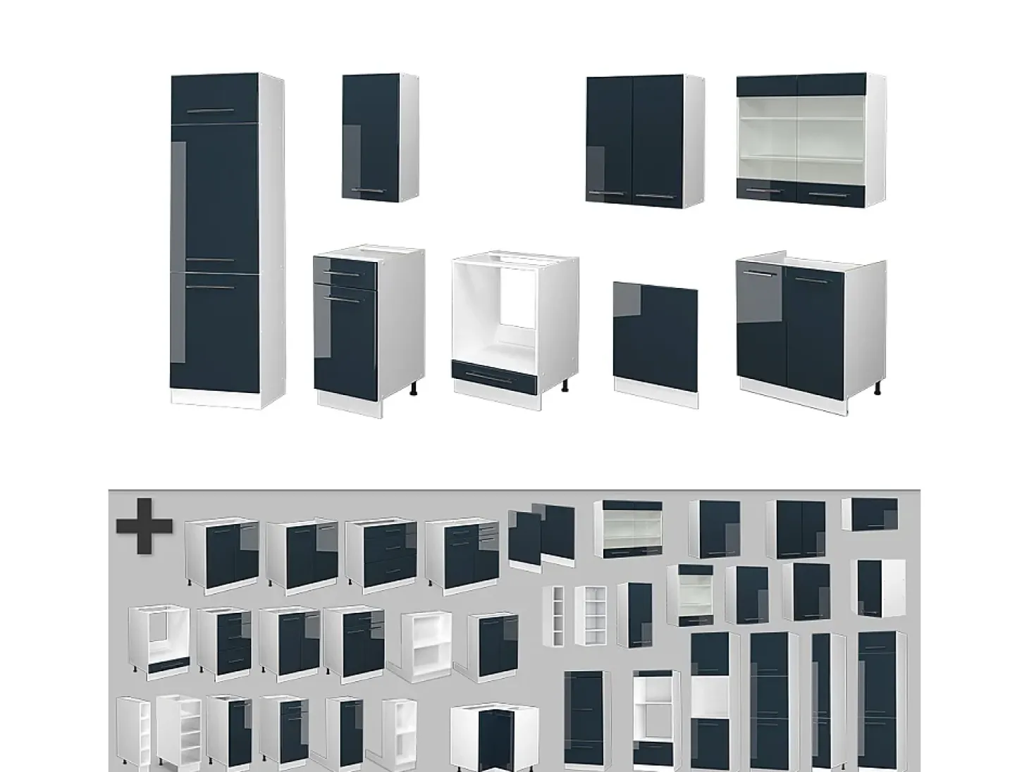 Muebles de cocina azul oscuro alto brillo/blanco 300x46x81.6 fame-line