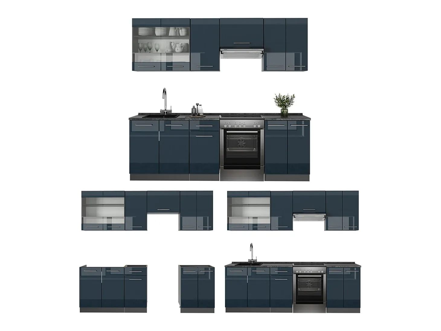 Muebles de cocina azul oscuro alto brillo/antracita 240x46x81.6 fame-line