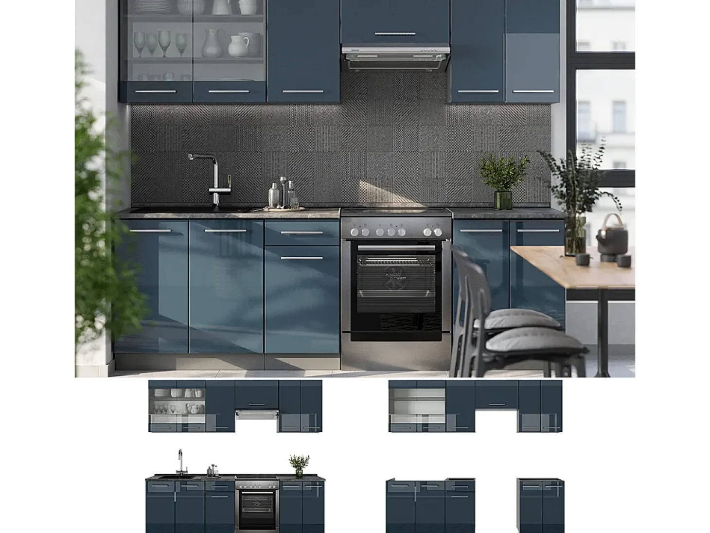 Muebles de cocina azul oscuro alto brillo/antracita 240x46x81.6 fame-line