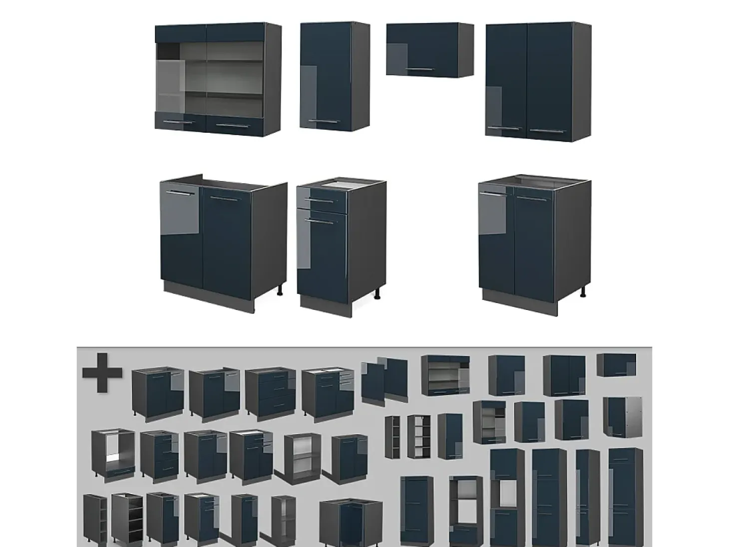 Muebles de cocina azul oscuro alto brillo/antracita 240x46x81.6 fame-line