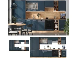 Muebles de cocina azul oscuro alto brillo/roble dorado 355x46x81.6 fame-line