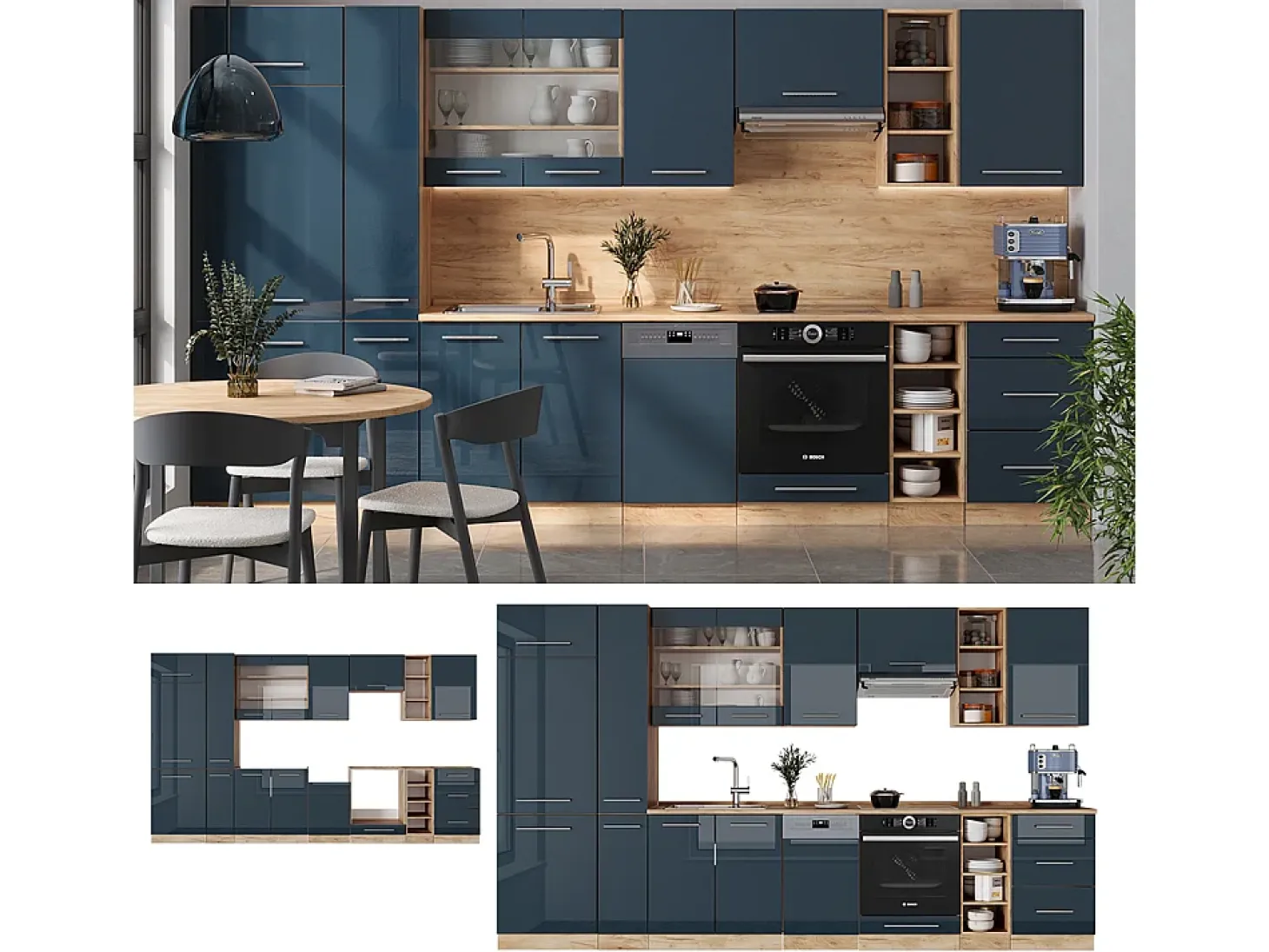 Muebles de cocina azul oscuro alto brillo/roble dorado 355x46x81.6 fame-line
