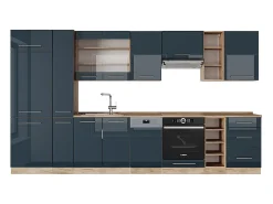 Muebles de cocina azul oscuro alto brillo/roble dorado 355x46x81.6 fame-line