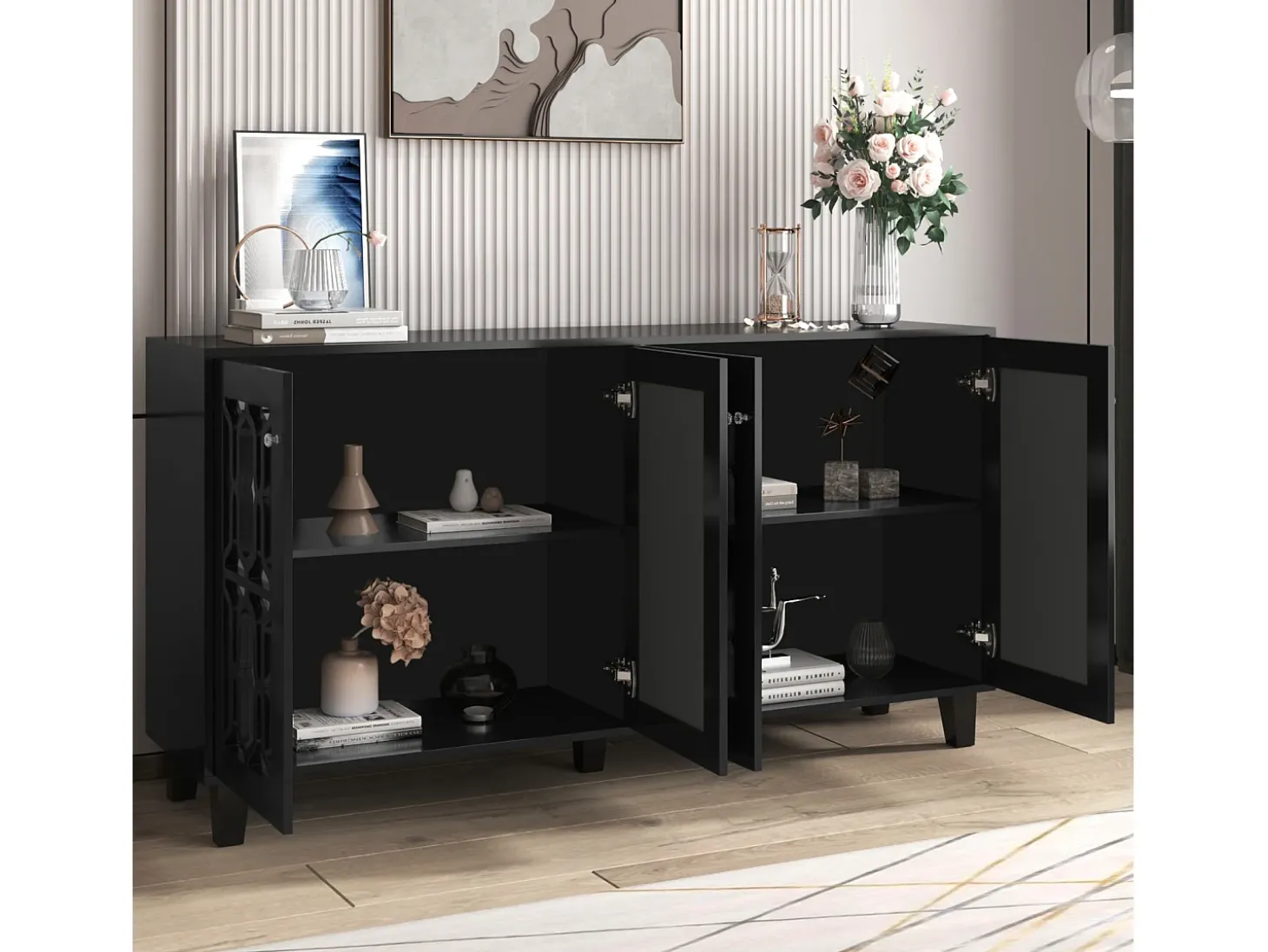 Muebles de cocina negros con 4 puertas, aparador con espejo, divisores extraíbles, aparador de cocina