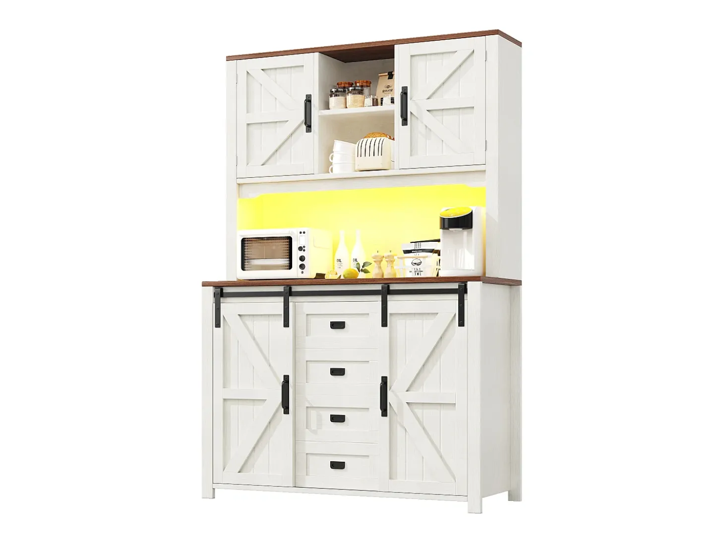 Muebles de cocina 115x40x175 cm - con 4 puertas y 2 cajones - con iluminación LED - estilo rústico - blanco