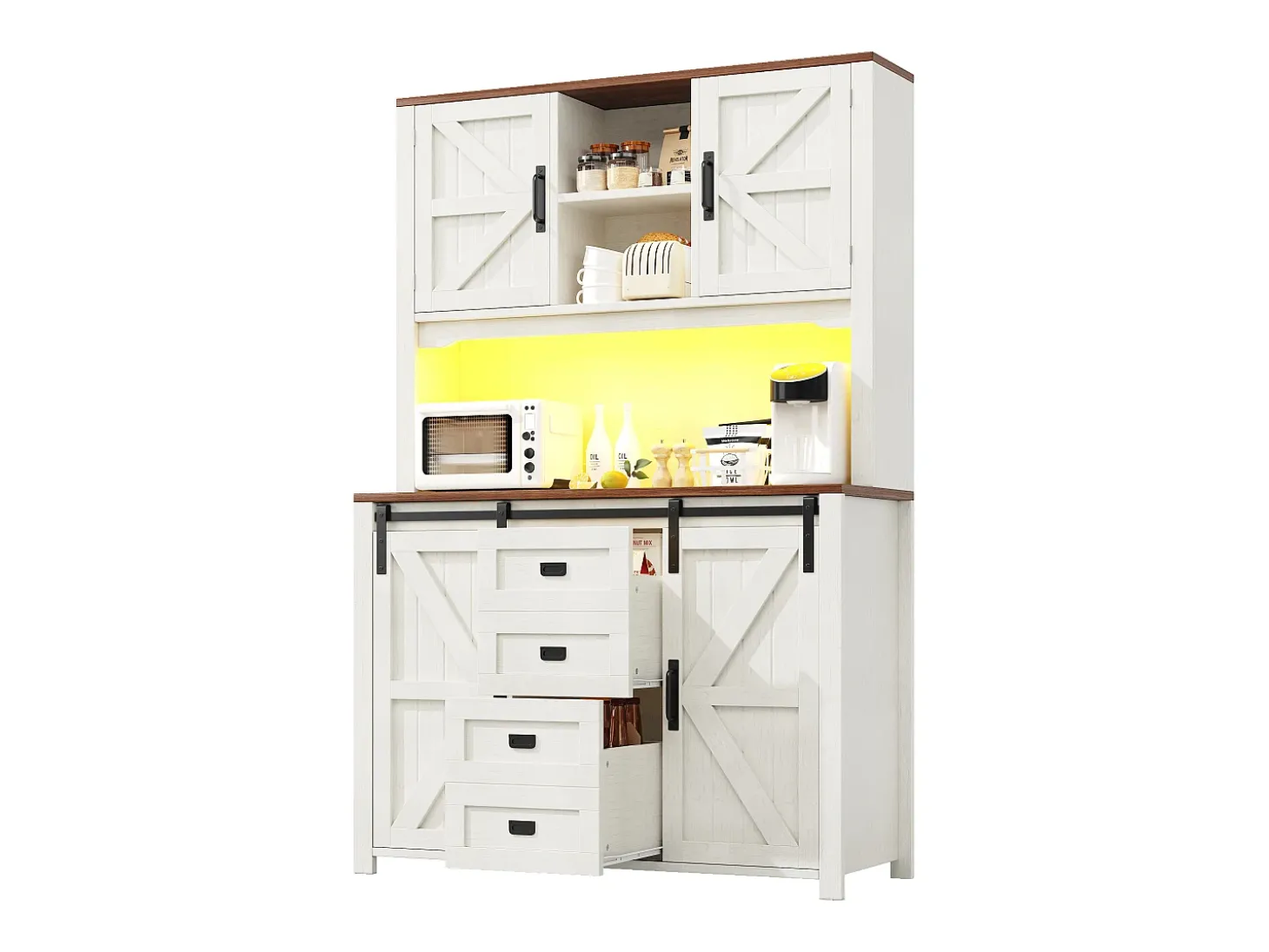 Muebles de cocina 115x40x175 cm - con 4 puertas y 2 cajones - con iluminación LED - estilo rústico - blanco