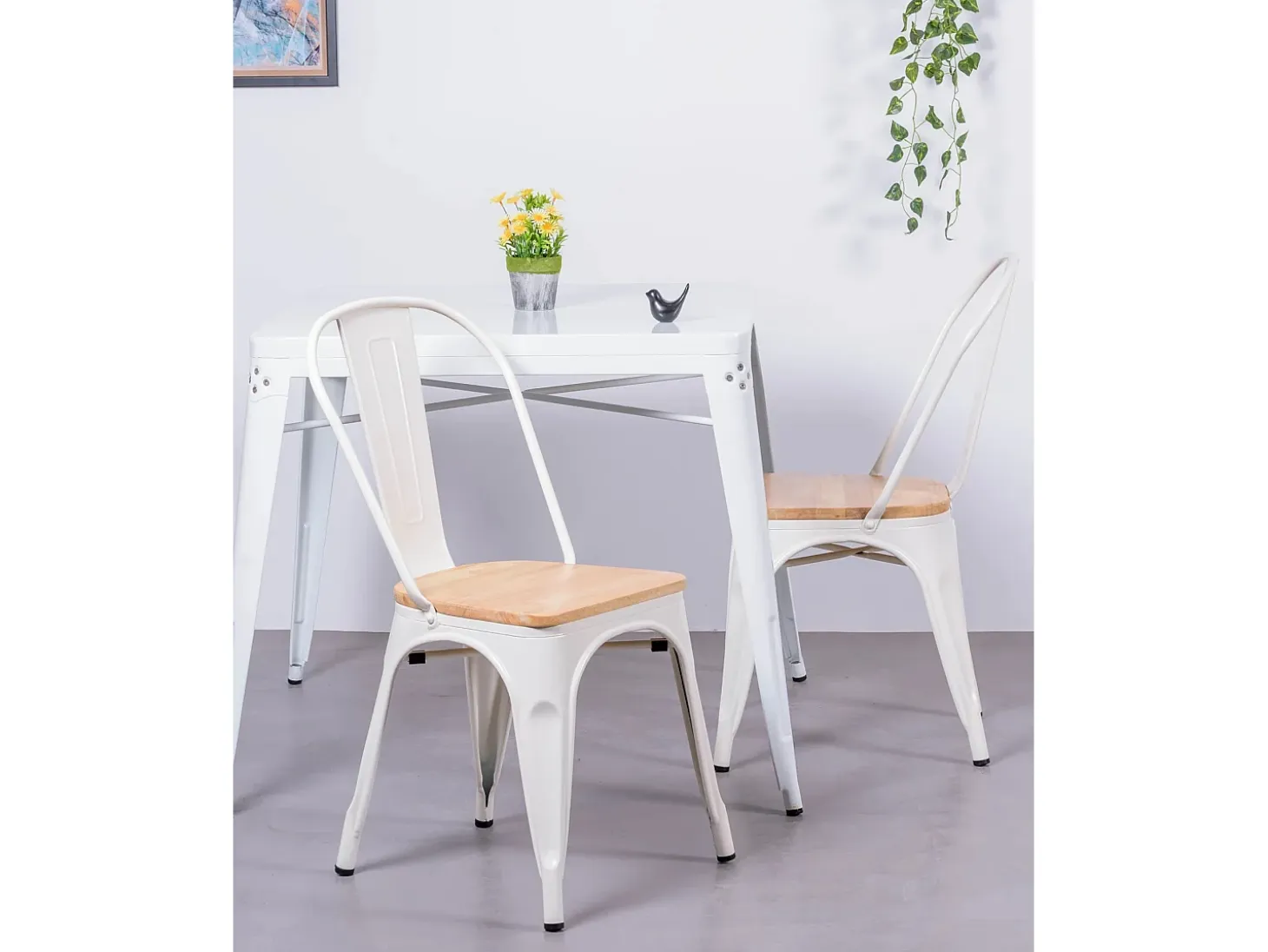 Pack de 4 sillas metálicas con asiento de madera - Bistro - Blanco