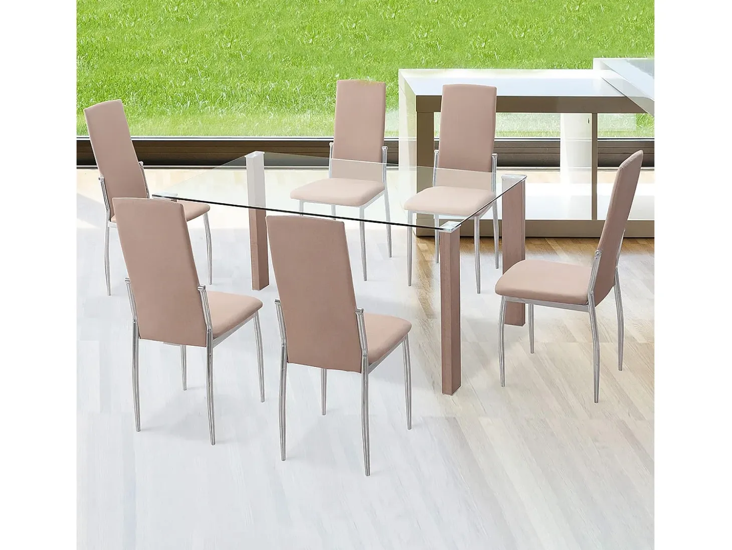 Pack de 6 Sillas Tapizadas para Salón y Comedor – Acabado Beige en Aluminio, Medidas: 43 cm x 48 cm x 99,5 cm