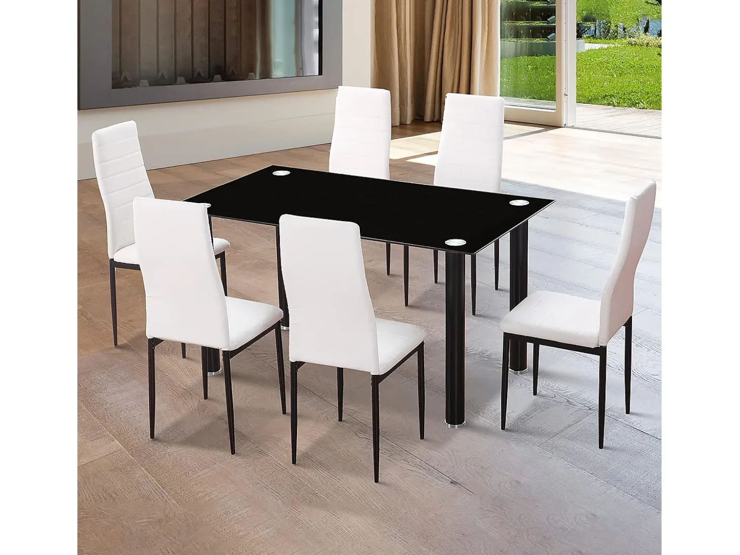 Pack de 6 Sillas Tapizadas para Salón, Comedor. Acabadas en Polipiel de Color Blanco y Patas Negras. Medidas: 39,5 cm (Ancho) x 37,5 cm (Fondo) x 96 c