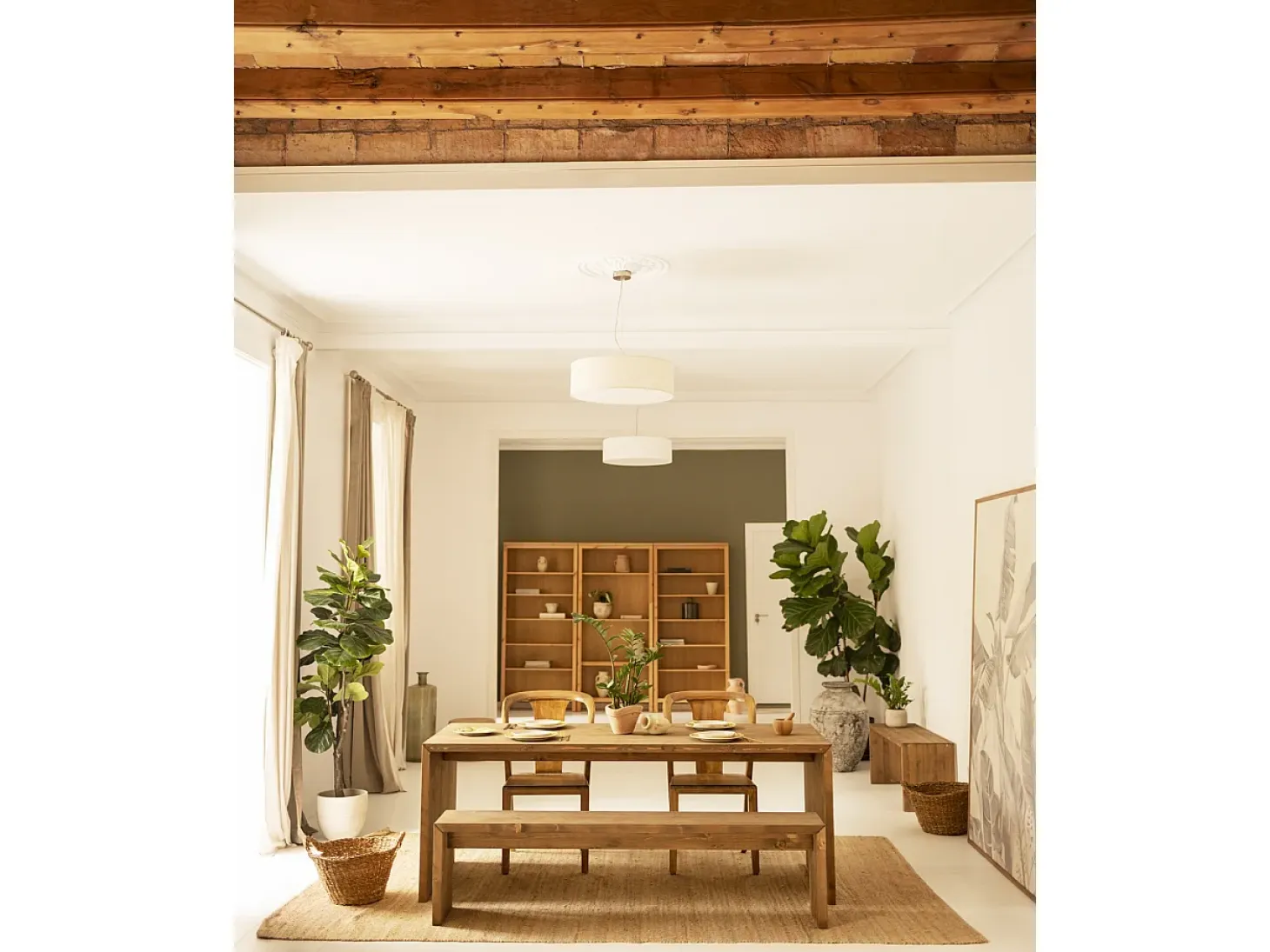 Pack mesa de comedor de 160x75cm y banco de 145x45cm rectangulares de madera de abeto maciza Decowood en tono nogal - TELVA - DECOWOOD