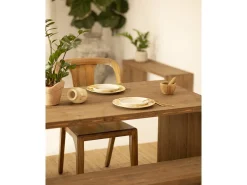 Pack mesa de comedor de 160x75cm y banco de 145x45cm rectangulares de madera de abeto maciza Decowood en tono nogal - TELVA - DECOWOOD