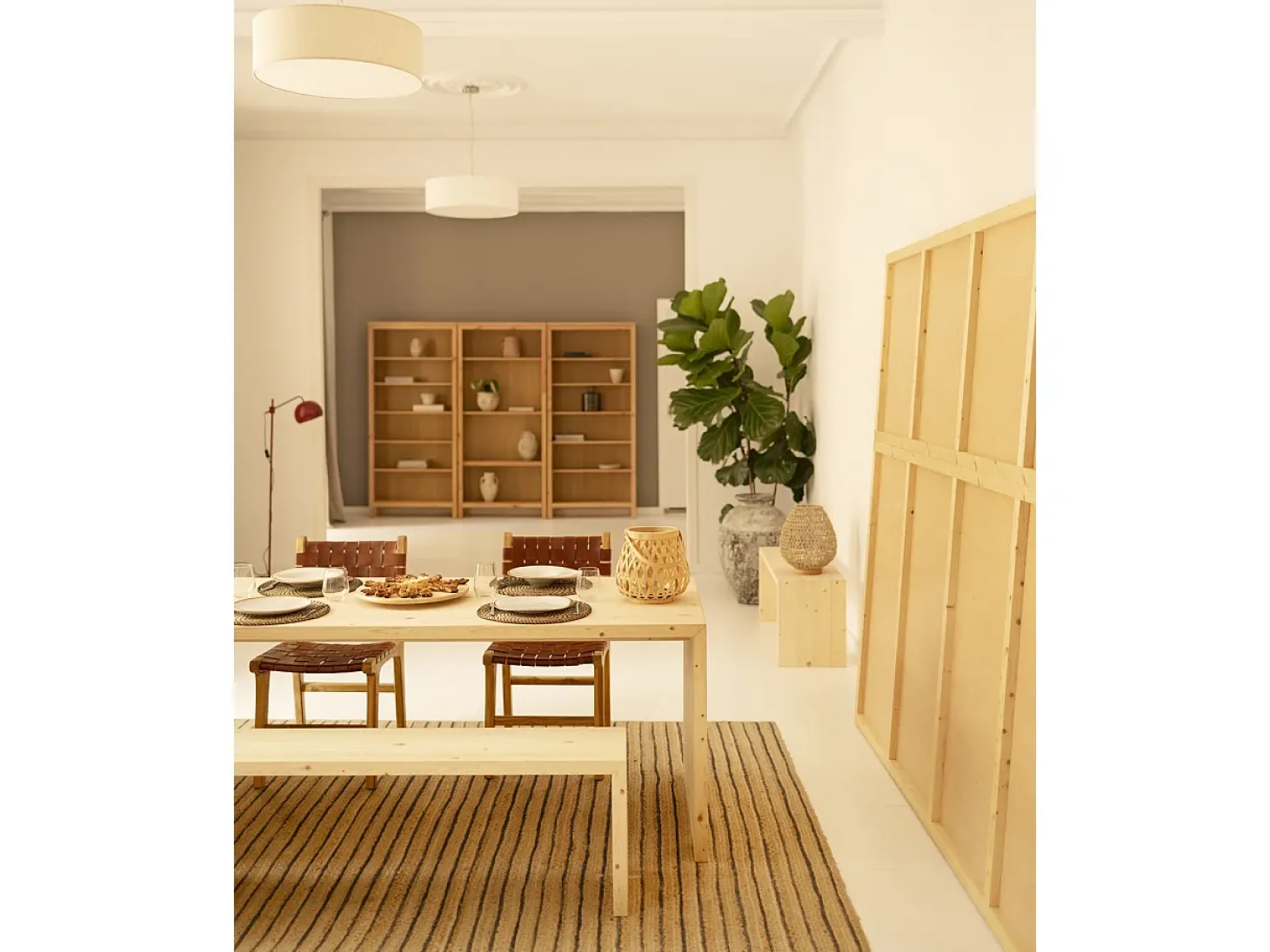 Pack mesa de comedor de 200x75cm y banco de 165x45cm rectangulares de madera de abeto maciza Decowood en tono natural - TELVA - DECOWOOD