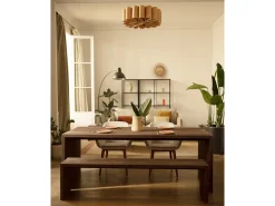 Pack mesa de comedor de 120x75cm y 4 taburetes de 50x45cm rectangulares de madera de abeto maciza Decowood en tono nogal - TELVA - DECOWOOD