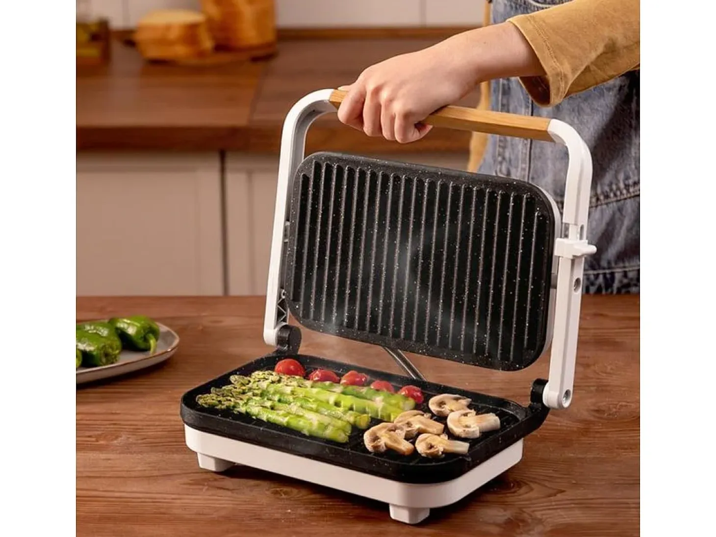 Parrilla eléctrica Cecotec Rock'nGrill 1200 Wood 1300W piedra RockStone blanco