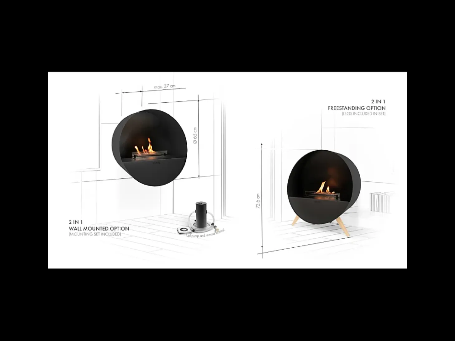 Planika - Chimenea de bioetanol de pared y suelo sin ventilación BEV, con burbujas, control remoto, de acero, para pared y suelo