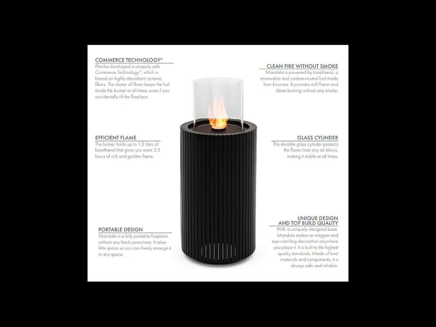 Planika - Chimenea portátil de bioetanol Mandala con tecnología Commerce, vidrio cilíndrico negro