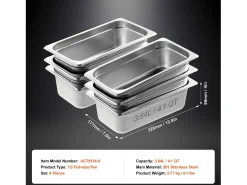 Plato Plano SucceBuy Lote de 6 Cacerolas de Hotel de Tamaño 1/3, Cacerola Profunda en Acero Inoxidable de 10.2CM para Mesa de Vapor