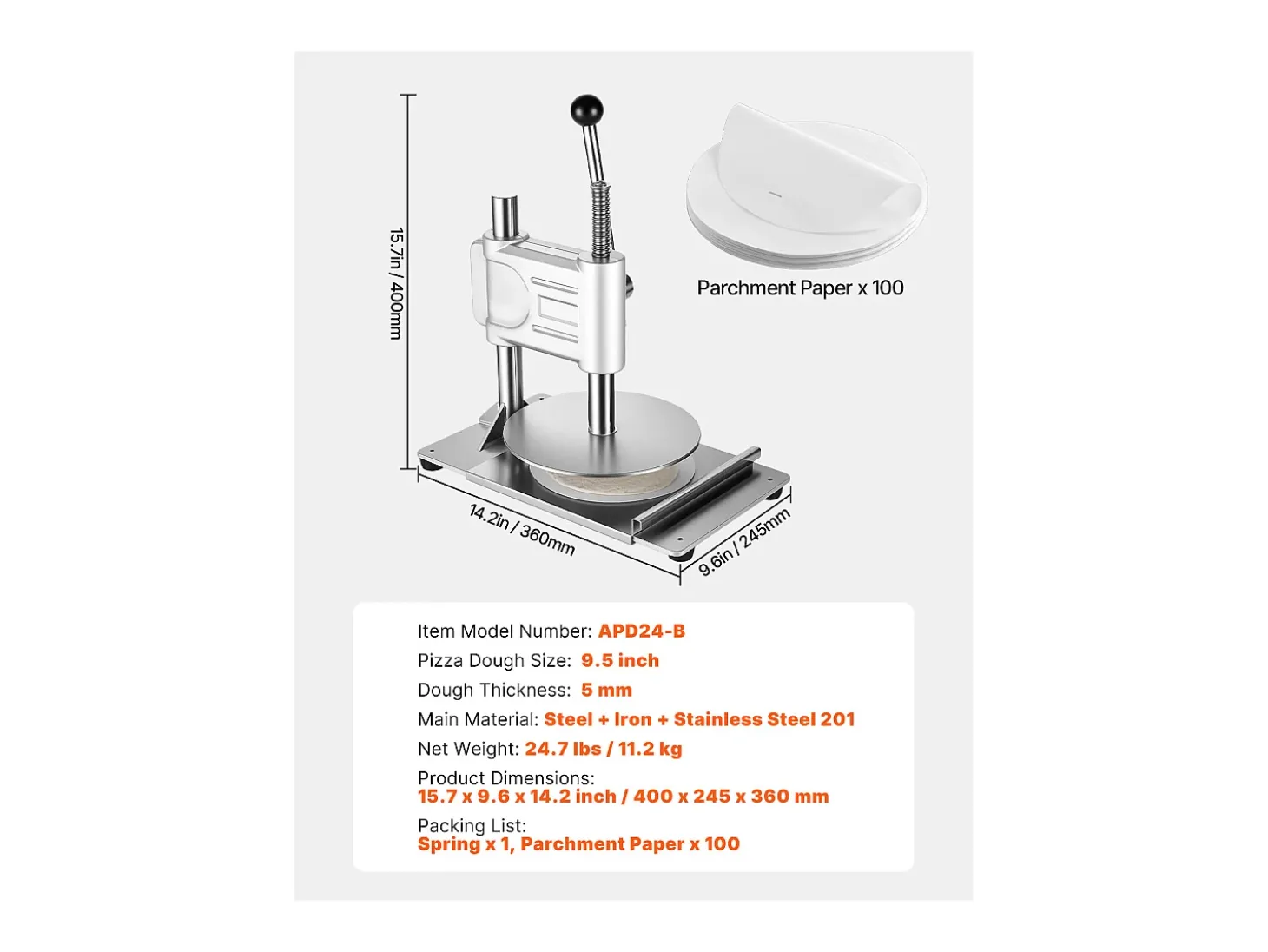 Prensa de Masa Manual SucceBuy, Placa de 24 cm de Diámetro, Prensa de Pizza de Acero Inoxidable, con Asa y 100 Hojas de Papel Vegetal, Ideal para Cafeterías