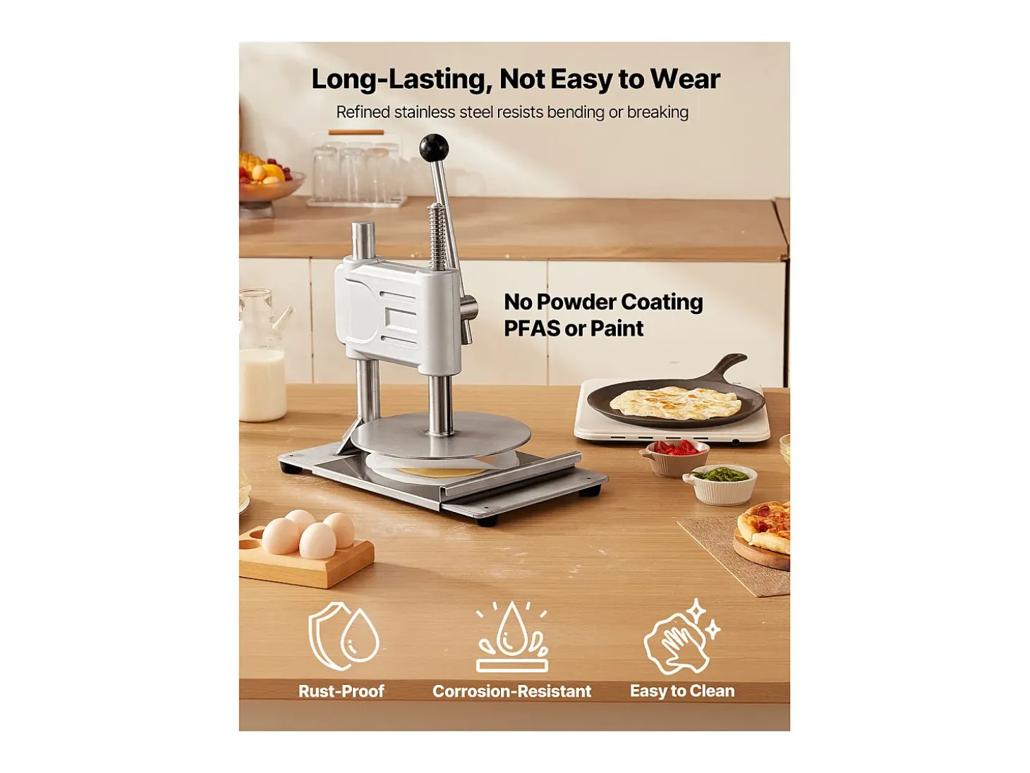 Prensa de Masa Manual SucceBuy, Placa de 24 cm de Diámetro, Prensa de Pizza de Acero Inoxidable, con Asa y 100 Hojas de Papel Vegetal, Ideal para Cafeterías