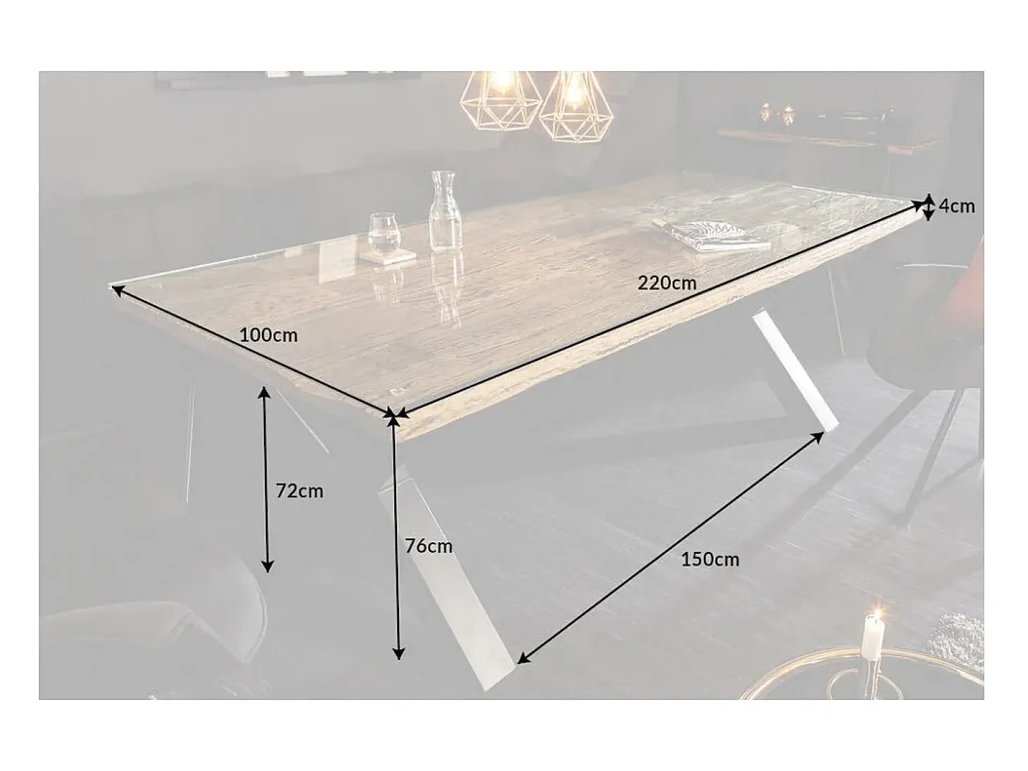 RAFTA 220 x 100 cm – Tablero en teca maciza con vidrio templado y patas metálicas negras en X