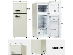 Refrigerador de dos puertas, 28L + 64L, con 3 estantes y LED, -27 ° C a 13 ° C, 116 kWh/año, eficiencia energética de