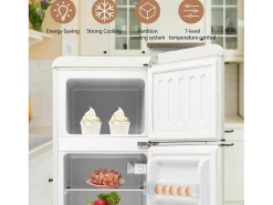 Refrigerador de dos puertas, 28L + 64L, con 3 estantes y LED, -27 ° C a 13 ° C, 116 kWh/año, eficiencia energética de