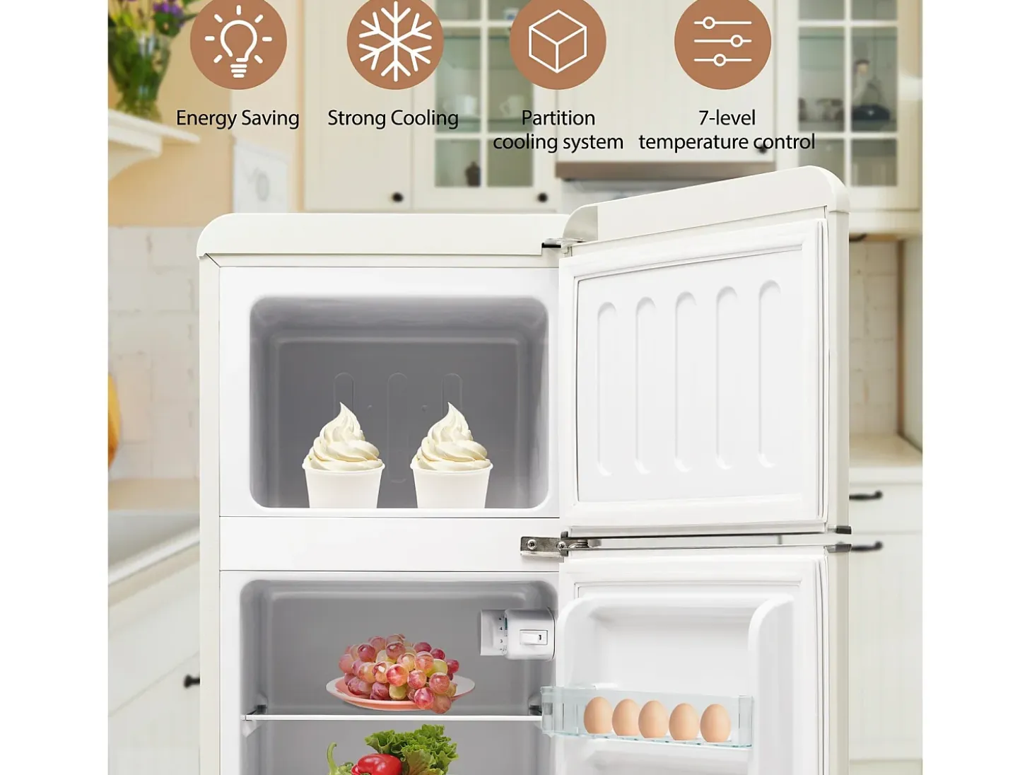 Refrigerador de dos puertas, 28L + 64L, con 3 estantes y LED, -27 ° C a 13 ° C, 116 kWh/año, eficiencia energética de