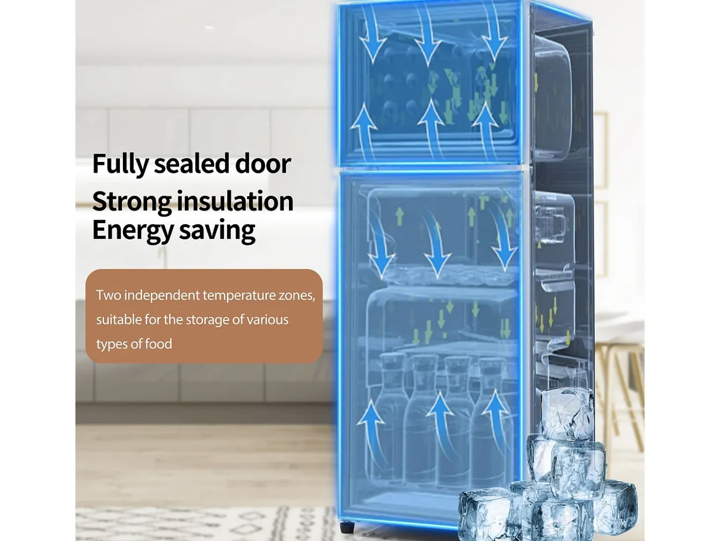 Refrigerador de dos puertas, 28L + 64L, con 3 estantes y LED, -27 ° C a 13 ° C, 116 kWh/año, eficiencia energética de