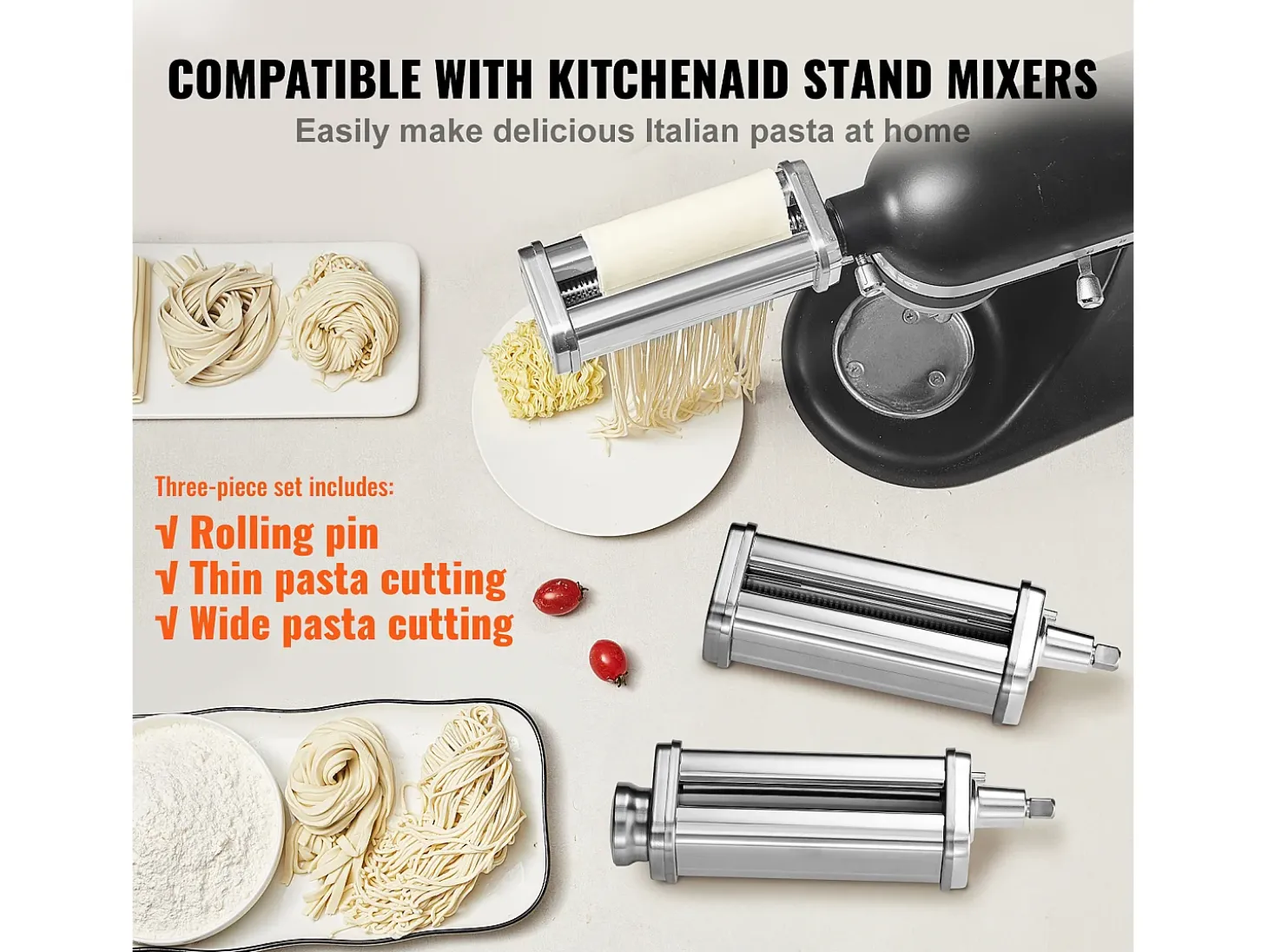 Rodillo para Massa SucceBuy Lote de 3 Accesorios para Masa para Mezcladora KitchenAid Conjunto de Cortapasta con Rodillos