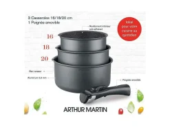 Set de 3 cacerolas gris mate 16-18-20 cm + 1 mango extraíble - Todo tipo de fuegos incluida inducción