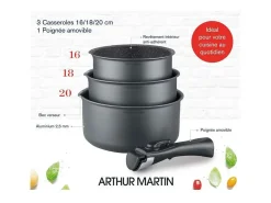 Set de 3 cacerolas gris mate 16-18-20 cm + 1 mango extraíble - Todo tipo de fuegos incluida inducción