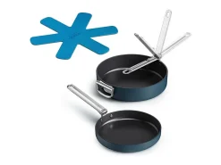 Set de 2 sartenes antiadherentes Space Folding Handle Ceramic Non-stick Joseph Joseph, ahorro de espacio, mangos plegables, aptas para inducción, azul