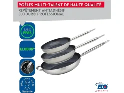 Set de 3 Sartenes Inox 18/10 ELODUR® Profi Therm Platinum Ø24-28-32 cm Sin PFAS Para Todo Tipo de Fuegos Inducción