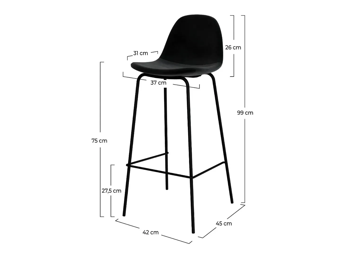 Set de 2 sillas de bar en terciopelo negro 75 cm - Henrik