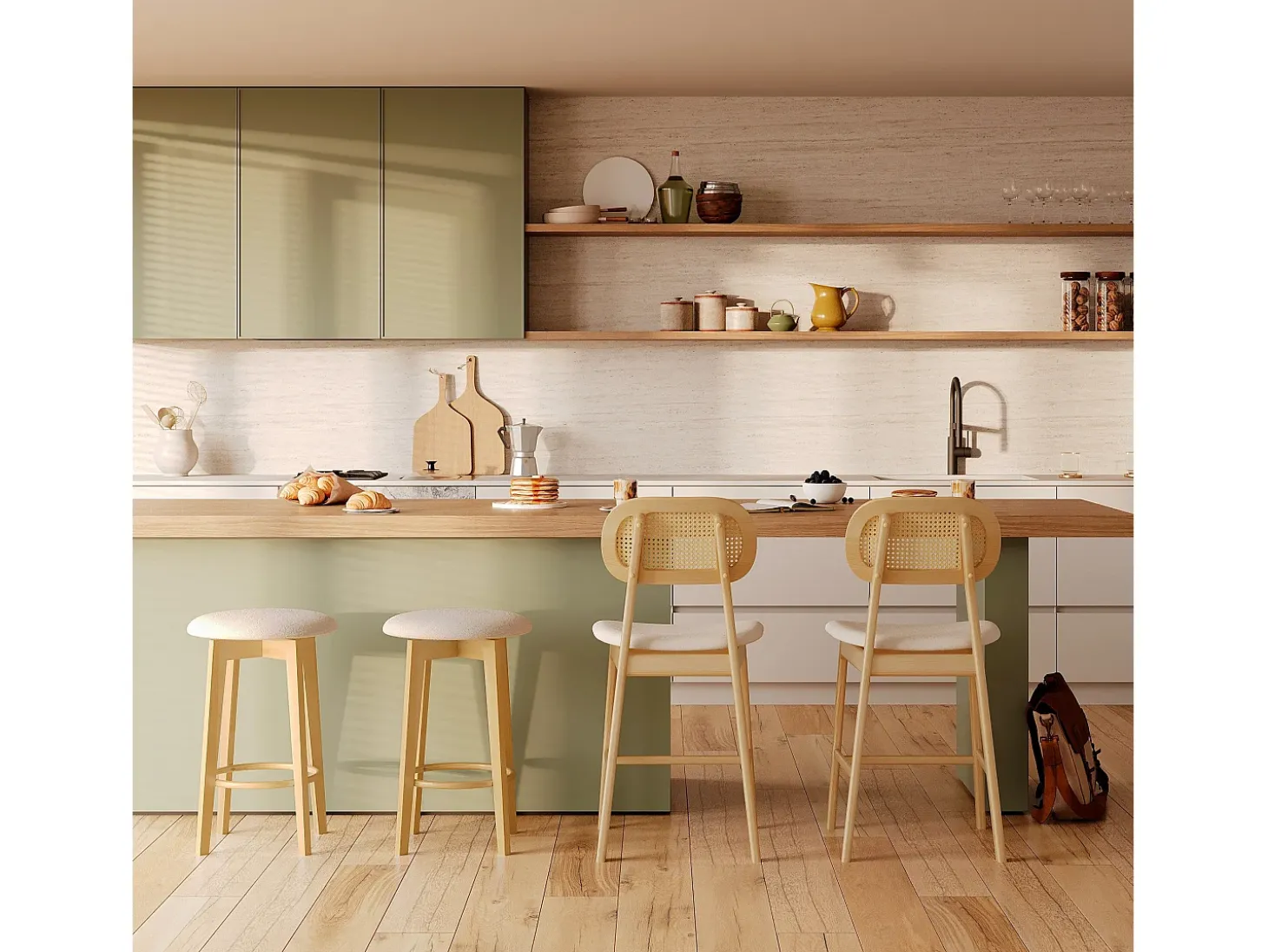 Set de 2 sillas para isla de cocina en madera y tela beige 64,5 cm - Maria