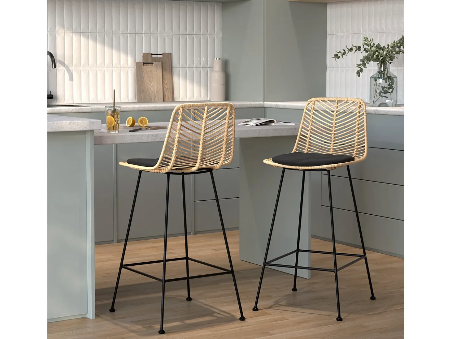 Set de 2 sillas para isla de cocina en ratán natural 66 cm - Tamara